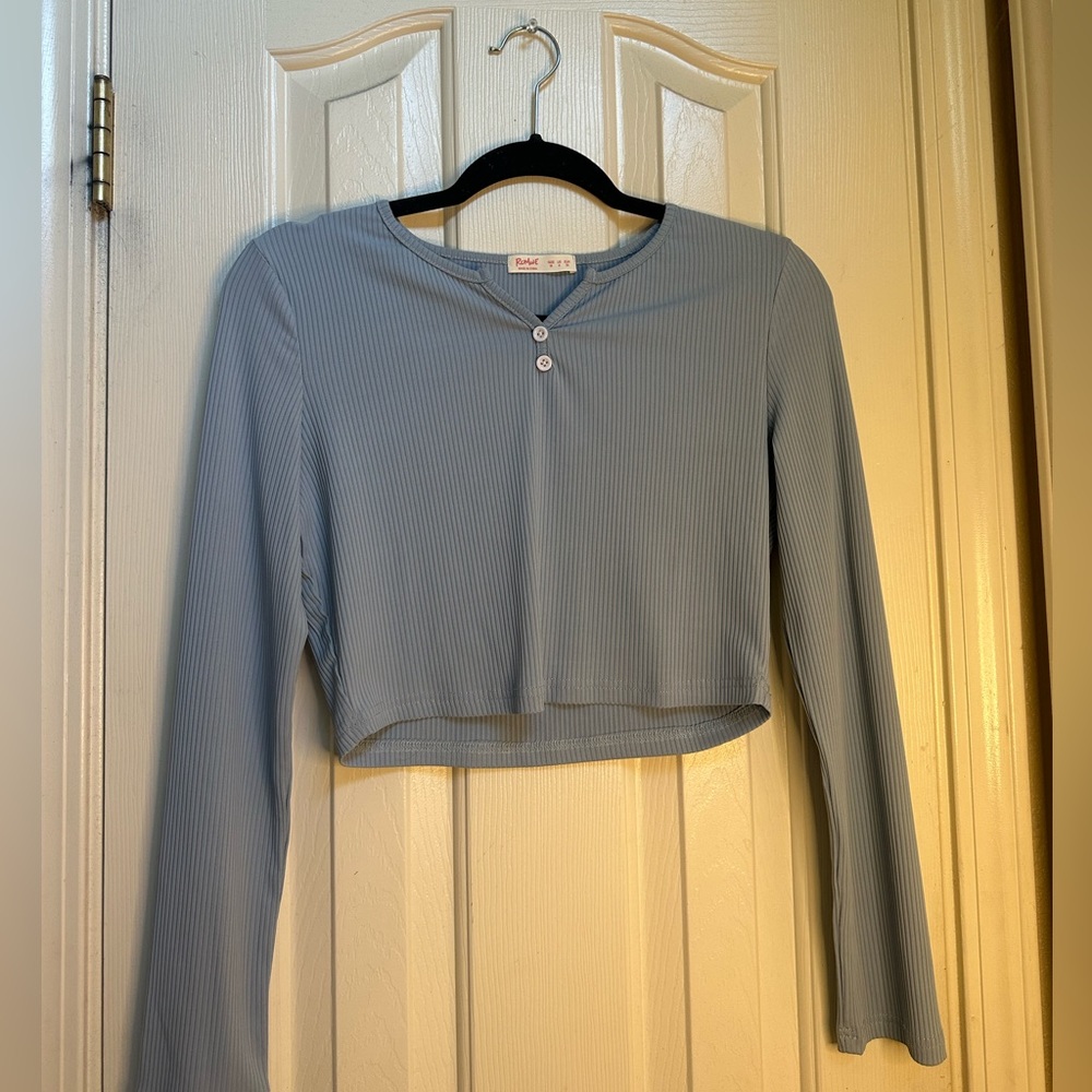 Light Blue Cropped Button Long-Sleeve